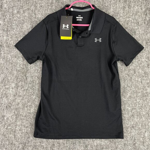 Under‎ Armour Polo Shirt Boys Medium Black Performance Tech UPF 50 Golf Formal - Picture 1 of 6